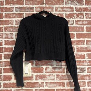 Alo Yoga Cable Knit Cropped Hoodie Black Winter Bliss Sweater Small